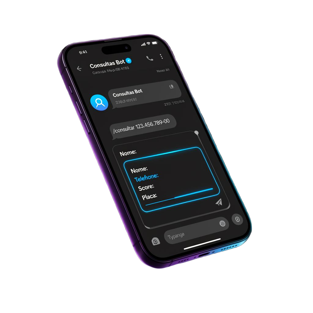 Smartphone exibindo o bot de consultas inteligentes no Telegram